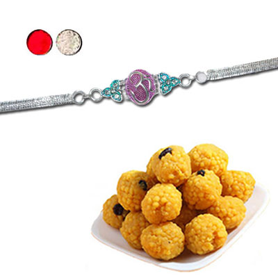 "Silver Coated Rakhi - SIL-6010 A (Single Rakhi), 500gms of Laddu - Click here to View more details about this Product